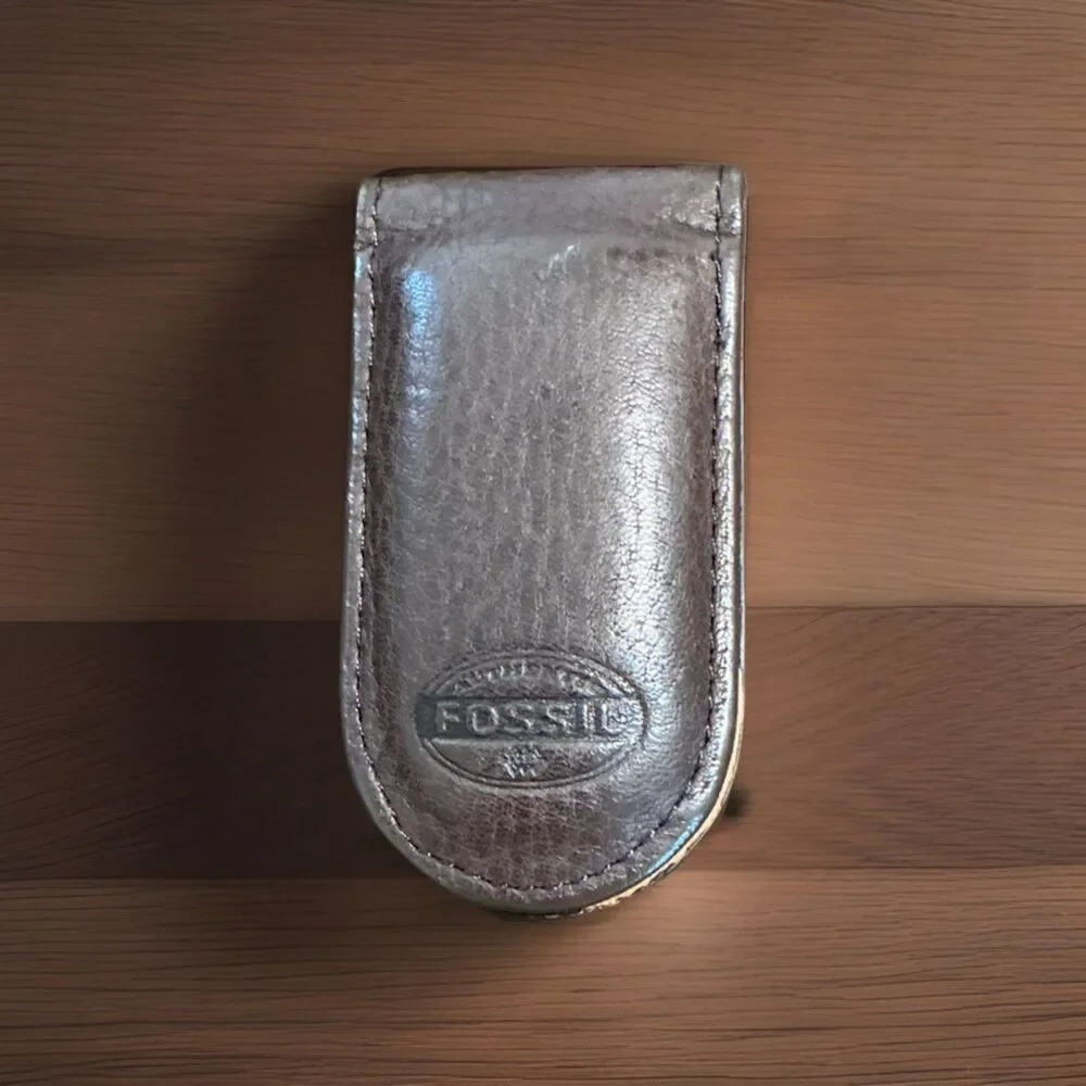Fossil Money Clip Wallet Magnetic Brown Embossed Logo Vintage